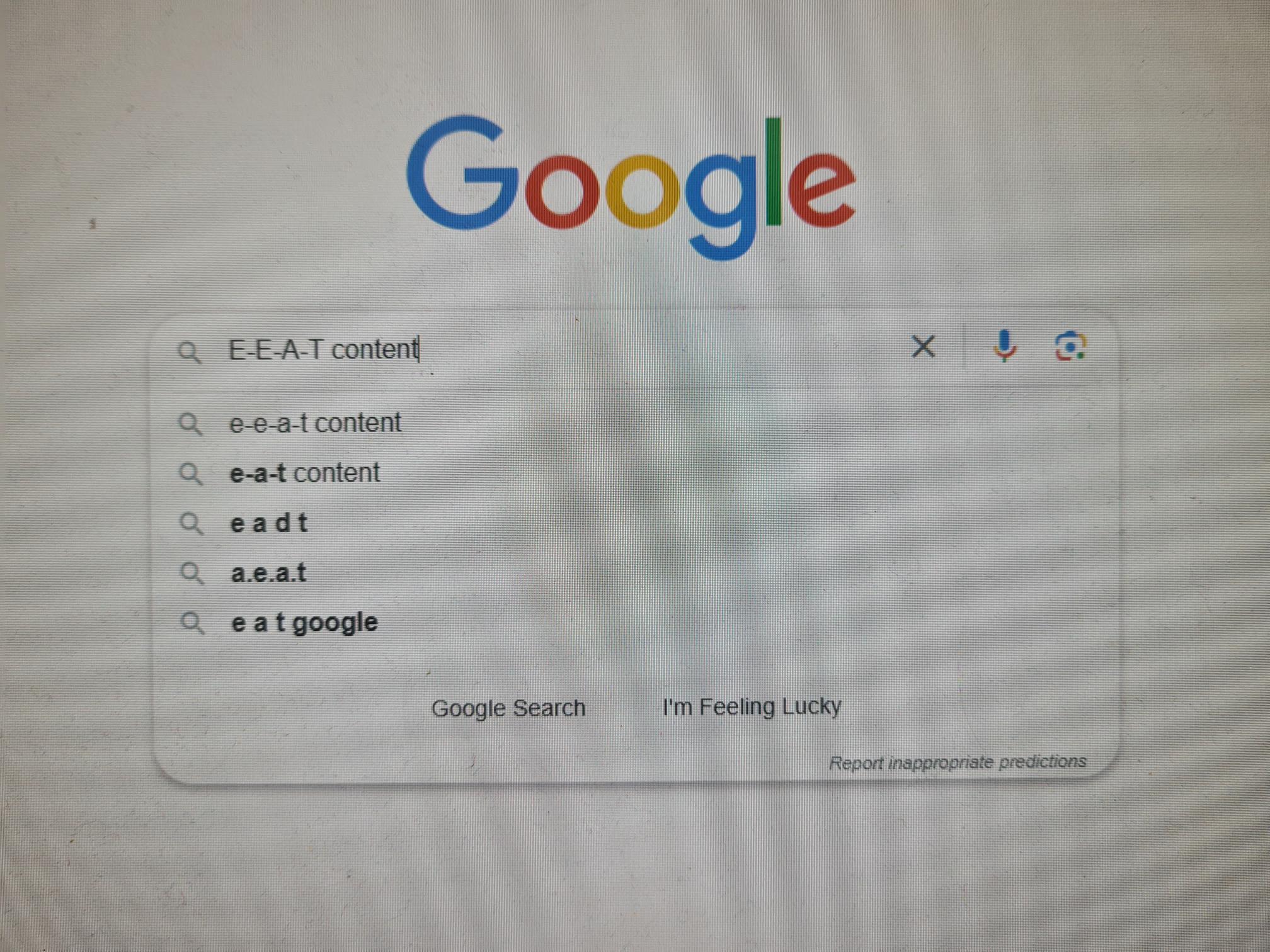 Image of the Google search page with E-E-A-T compliance search