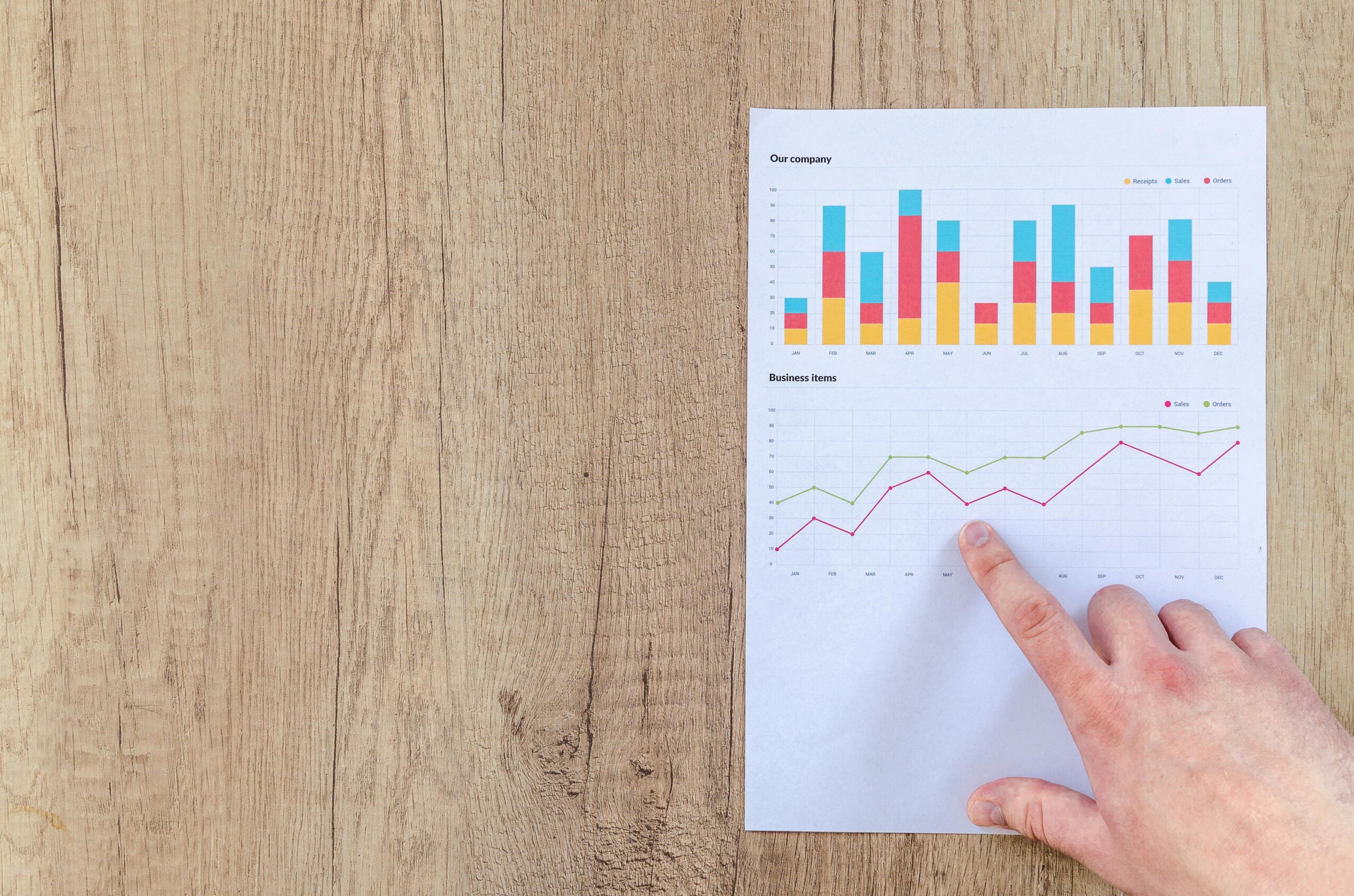 person pointing at a sheet of paper with charts on it